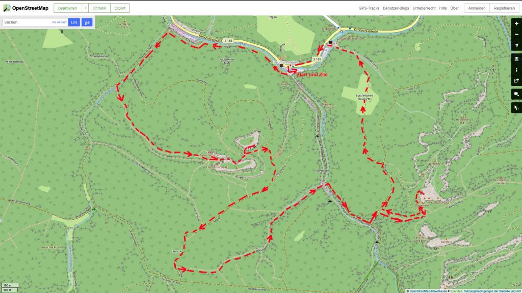 die Wanderung auf dem Ausschnitt eine OSM-Karte. Open Street Map Kartenausschnitt – Copyright: Creative Commons Attribution Share Alike-Lizenz 2.0