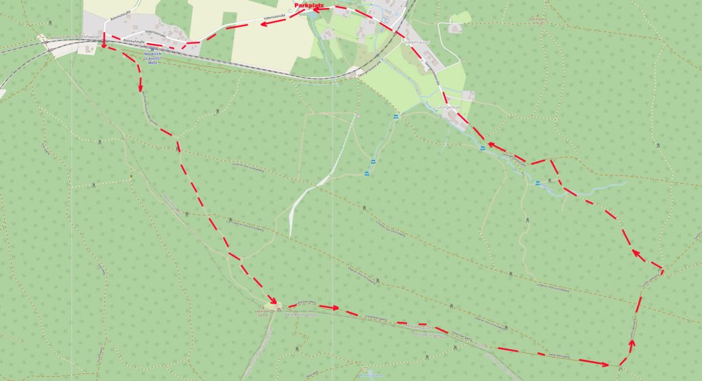 Wanderung auf dem Ausschnitt einer OSM-Karte. Open Street Map Kartenausschnitt – Copyright: Creative Commons Attribution Share Alike-Lizenz 2.0