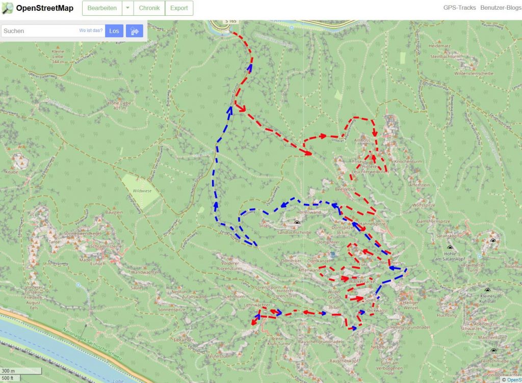 Wanderung auf dem Ausschnitt einer OSM-Karte. Open Street Map Kartenausschnitt – Copyright: Creative Commons Attribution Share Alike-Lizenz 2.0